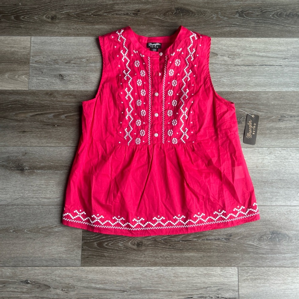 Wrangler Retro Top Women’s Large sleeveless Pink Embroidered Tunic Tank Western